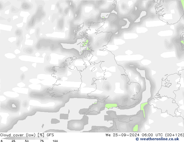 Cloud cover (low) GFS We 25.09.2024 06 UTC