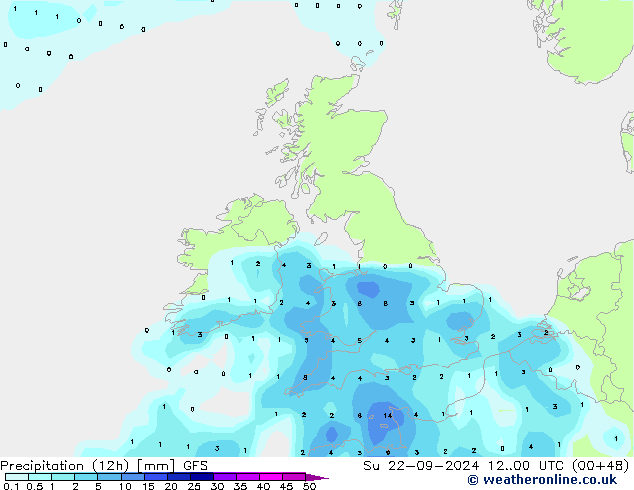 Precipitation (12h) GFS Su 22.09.2024 00 UTC