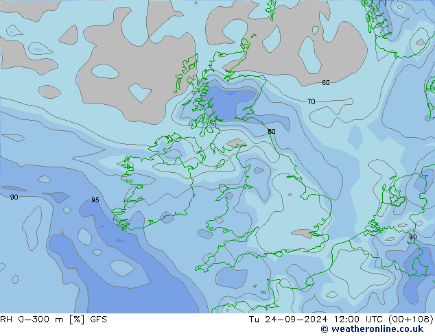 RH 0-300 m GFS Tu 24.09.2024 12 UTC