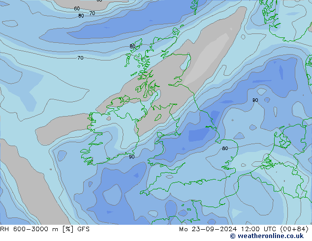 RH 600-3000 m GFS Mo 23.09.2024 12 UTC