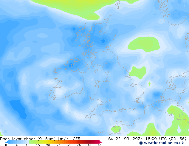 Deep layer shear (0-6km) GFS Su 22.09.2024 18 UTC