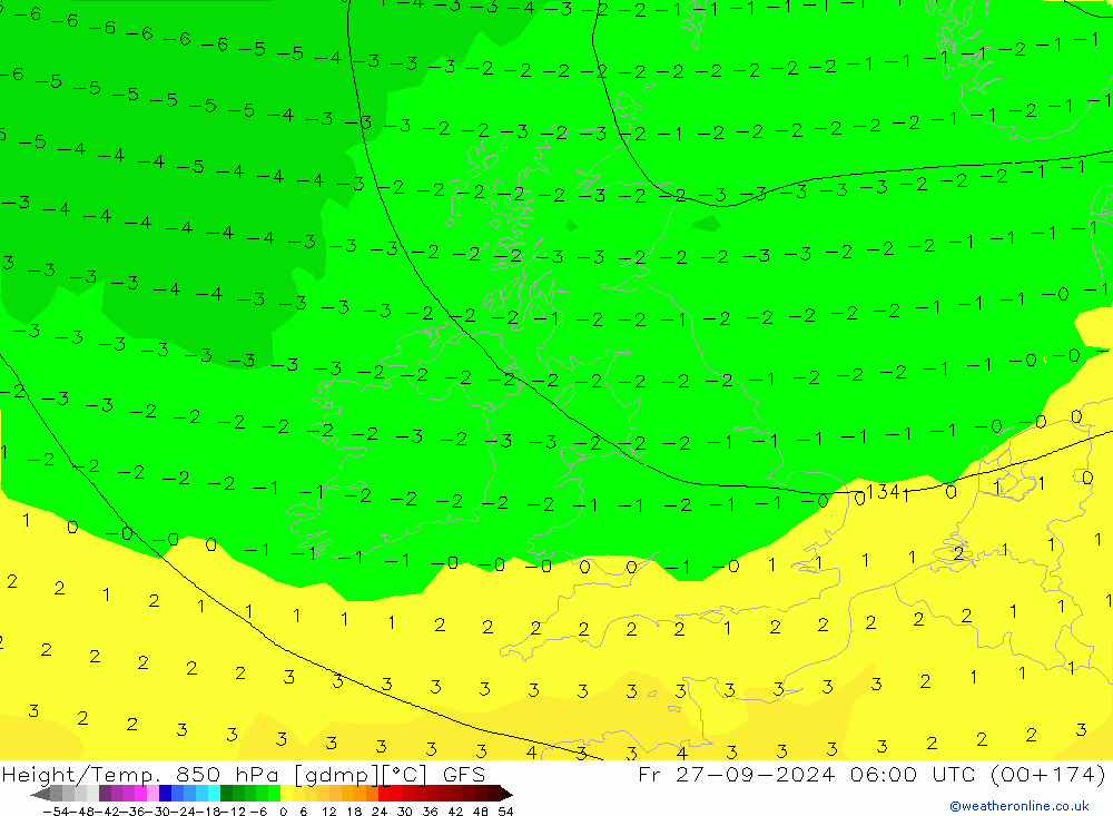 Hoogte/Temp. 850 hPa GFS vr 27.09.2024 06 UTC