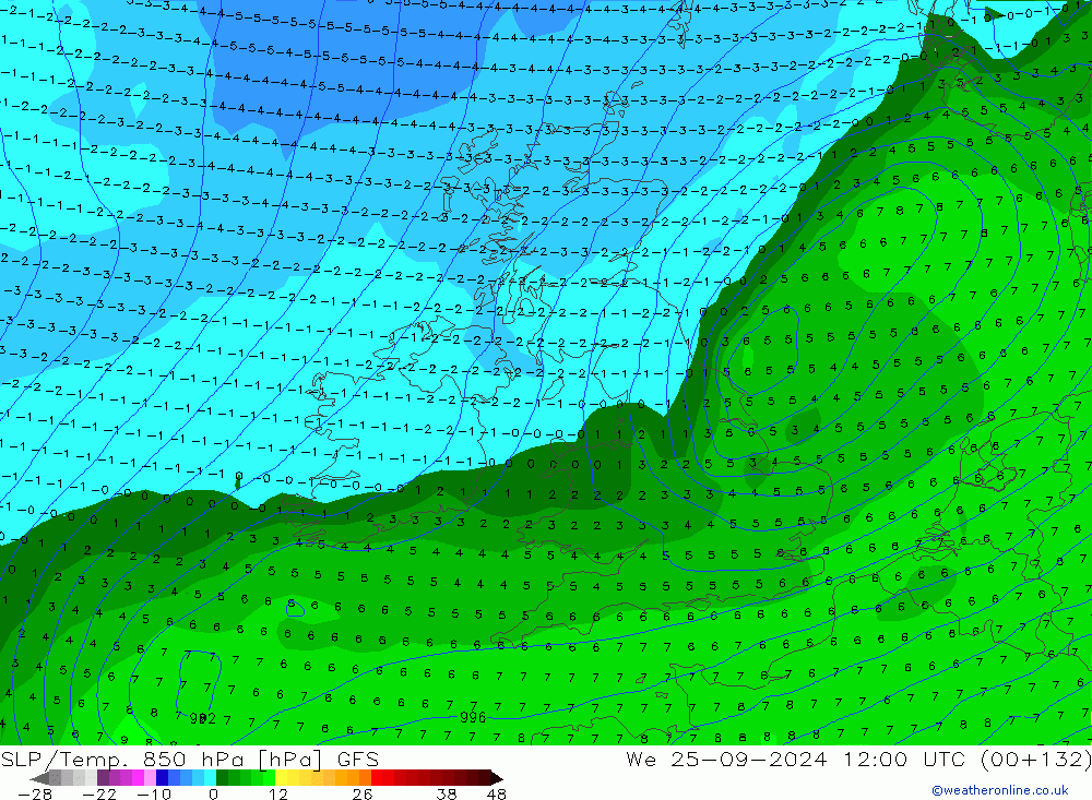 SLP/Temp. 850 hPa GFS Qua 25.09.2024 12 UTC