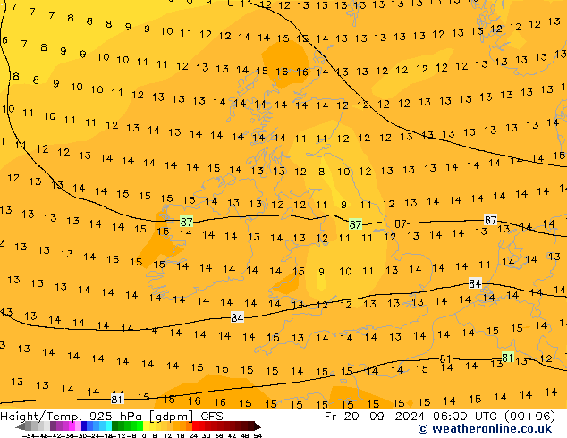 Height/Temp. 925 hPa GFS Pá 20.09.2024 06 UTC