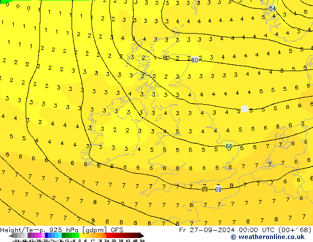 Height/Temp. 925 hPa GFS ven 27.09.2024 00 UTC