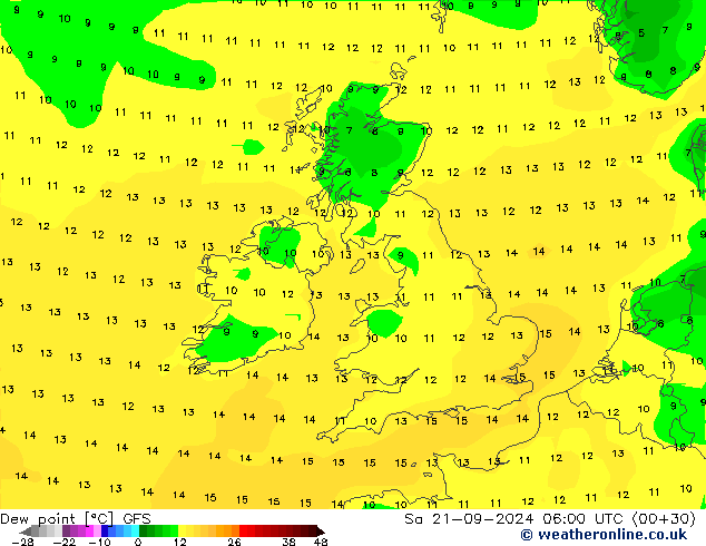 точка росы GFS сб 21.09.2024 06 UTC