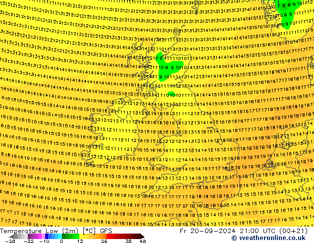 Temperatura mín. (2m) GFS vie 20.09.2024 21 UTC