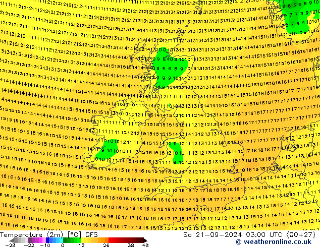 Temperature (2m) GFS Sa 21.09.2024 03 UTC