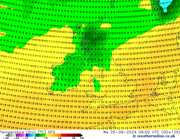 Temperatuurkaart (2m) GFS wo 25.09.2024 06 UTC