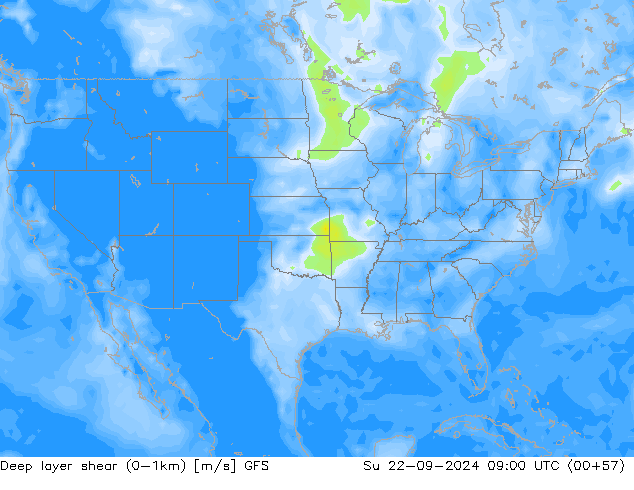 Deep layer shear (0-1km) GFS Su 22.09.2024 09 UTC