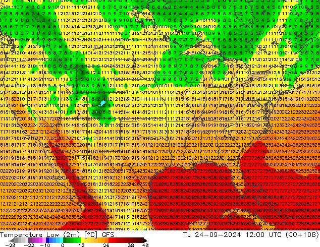 Temperatura mín. (2m) GFS mar 24.09.2024 12 UTC