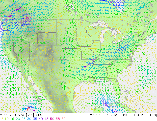 Wind 700 hPa GFS We 25.09.2024 18 UTC