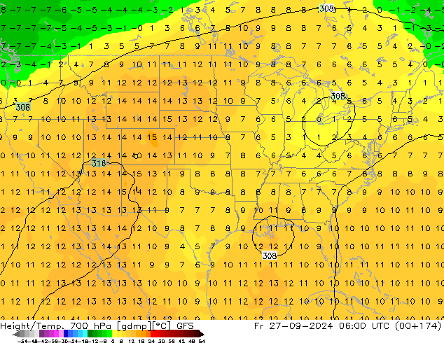 Height/Temp. 700 гПа GFS пт 27.09.2024 06 UTC