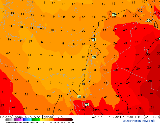 Height/Temp. 925 hPa GFS St 25.09.2024 00 UTC