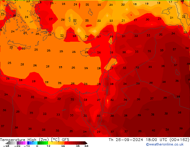 Nejvyšší teplota (2m) GFS Čt 26.09.2024 18 UTC