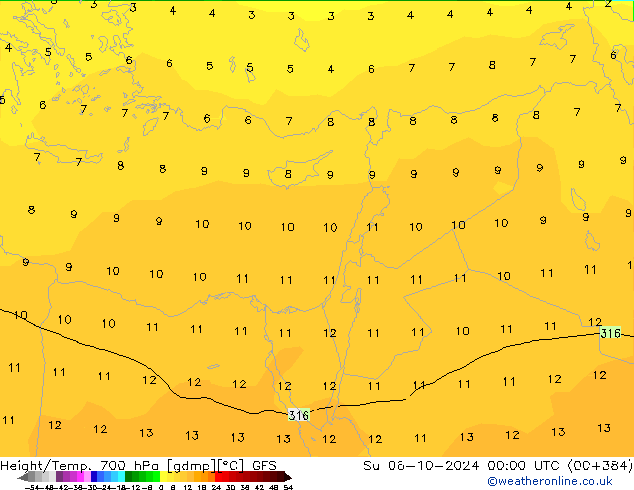 Height/Temp. 700 hPa GFS Su 06.10.2024 00 UTC