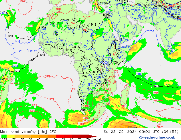 Max. wind snelheid GFS zo 22.09.2024 09 UTC