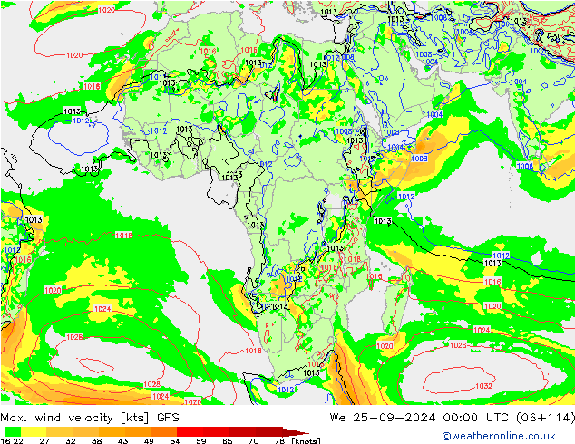 Max. wind velocity GFS śro. 25.09.2024 00 UTC