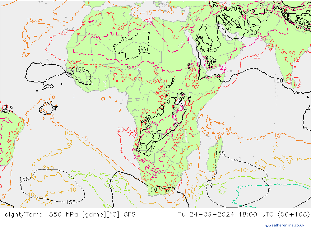 Height/Temp. 850 hPa GFS wto. 24.09.2024 18 UTC