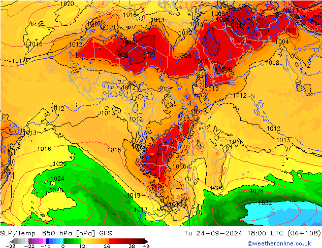 SLP/Temp. 850 hPa GFS Út 24.09.2024 18 UTC