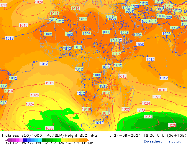 Espesor 850-1000 hPa GFS mar 24.09.2024 18 UTC