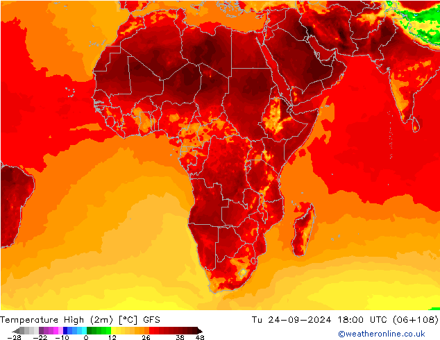 Max.temperatuur (2m) GFS di 24.09.2024 18 UTC