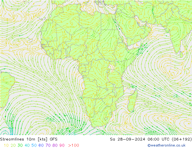 Streamlines 10m GFS Sa 28.09.2024 06 UTC