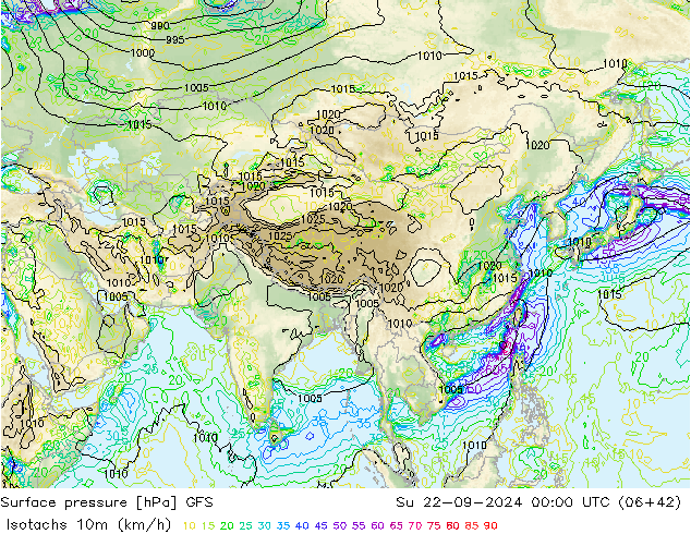 Isotachs (kph) GFS dom 22.09.2024 00 UTC