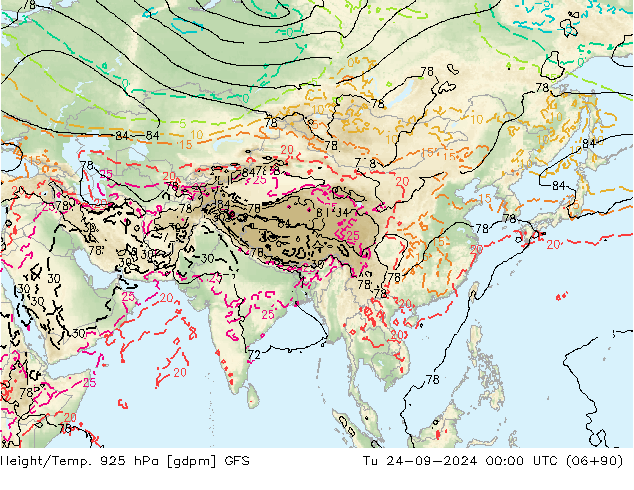 Height/Temp. 925 hPa GFS wto. 24.09.2024 00 UTC