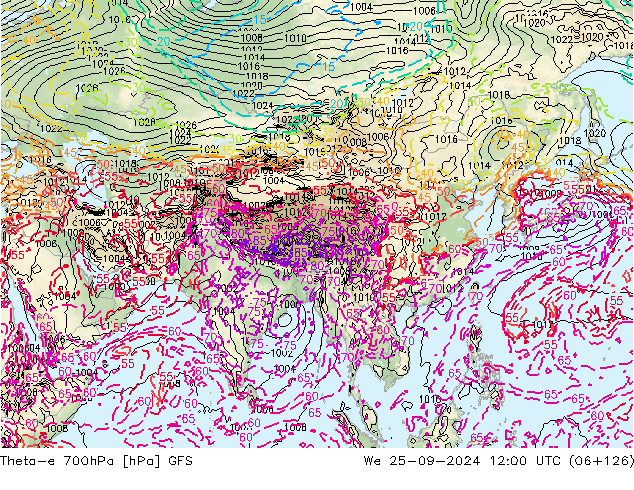 Theta-e 700hPa GFS śro. 25.09.2024 12 UTC