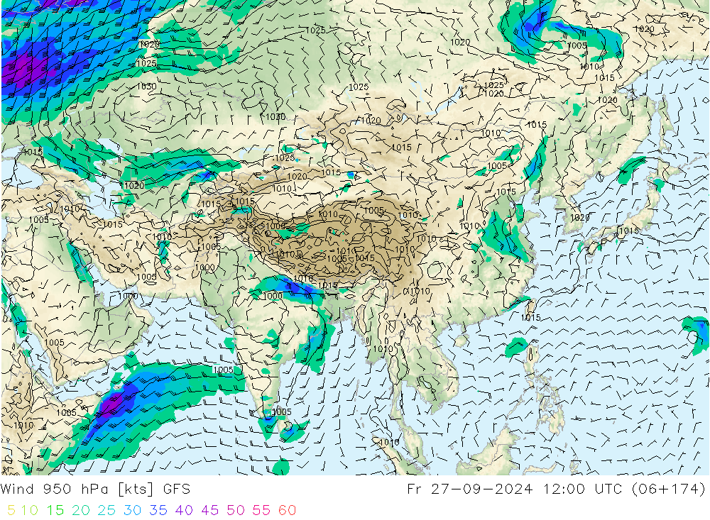 Wind 950 hPa GFS vr 27.09.2024 12 UTC