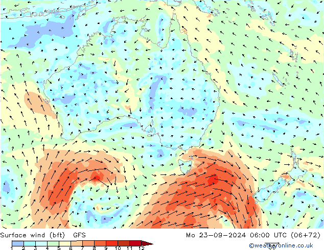 Surface wind (bft) GFS Mo 23.09.2024 06 UTC