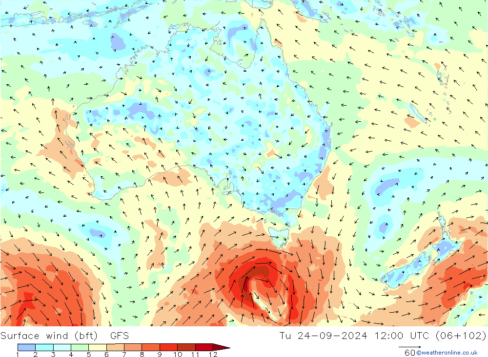 Surface wind (bft) GFS Út 24.09.2024 12 UTC