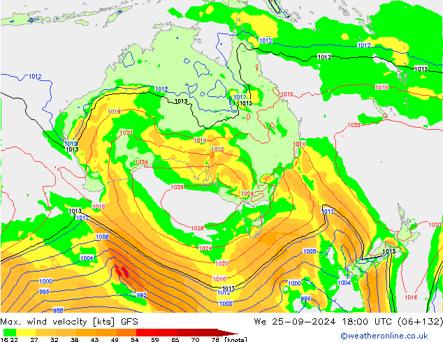 Max. wind velocity GFS We 25.09.2024 18 UTC