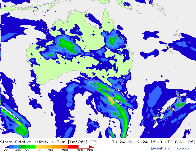 Storm Relative Helicity GFS Tu 24.09.2024 18 UTC