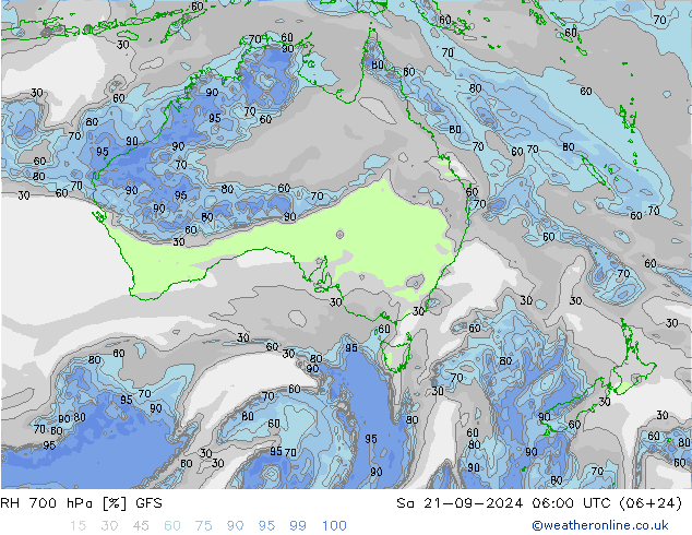 RH 700 hPa GFS Sáb 21.09.2024 06 UTC