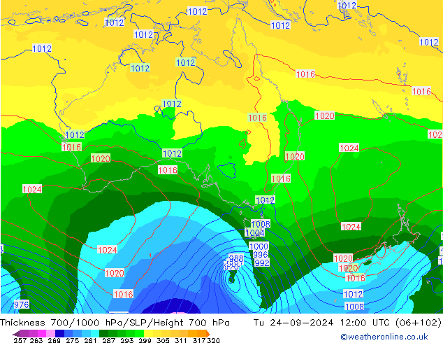 Thck 700-1000 hPa GFS mar 24.09.2024 12 UTC