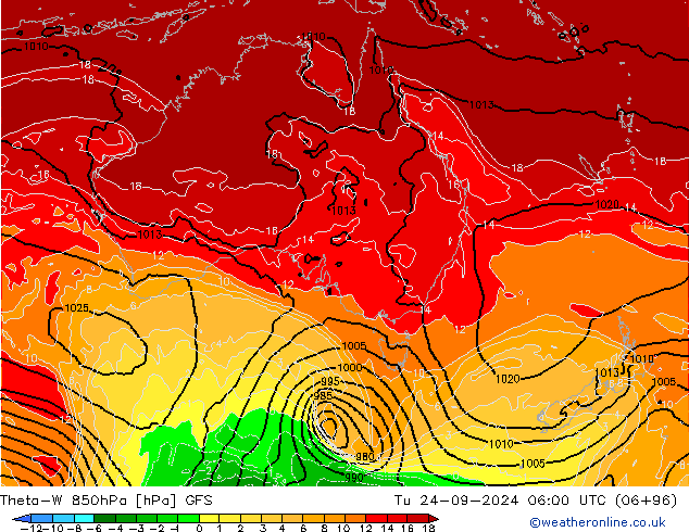 Theta-W 850hPa GFS Út 24.09.2024 06 UTC