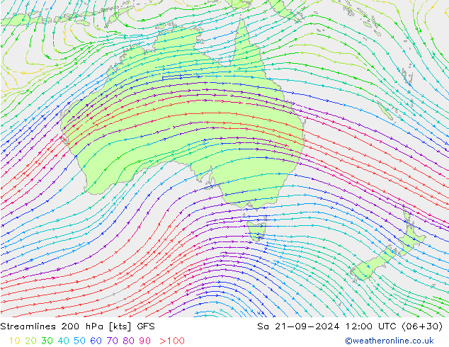 Linia prądu 200 hPa GFS so. 21.09.2024 12 UTC