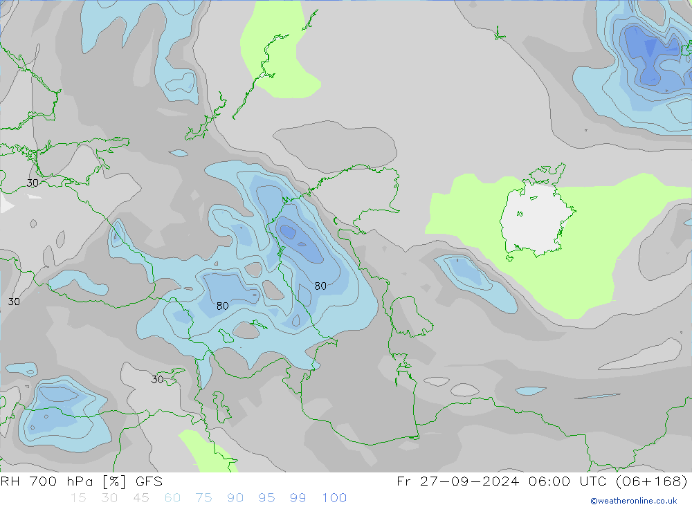 RH 700 гПа GFS пт 27.09.2024 06 UTC