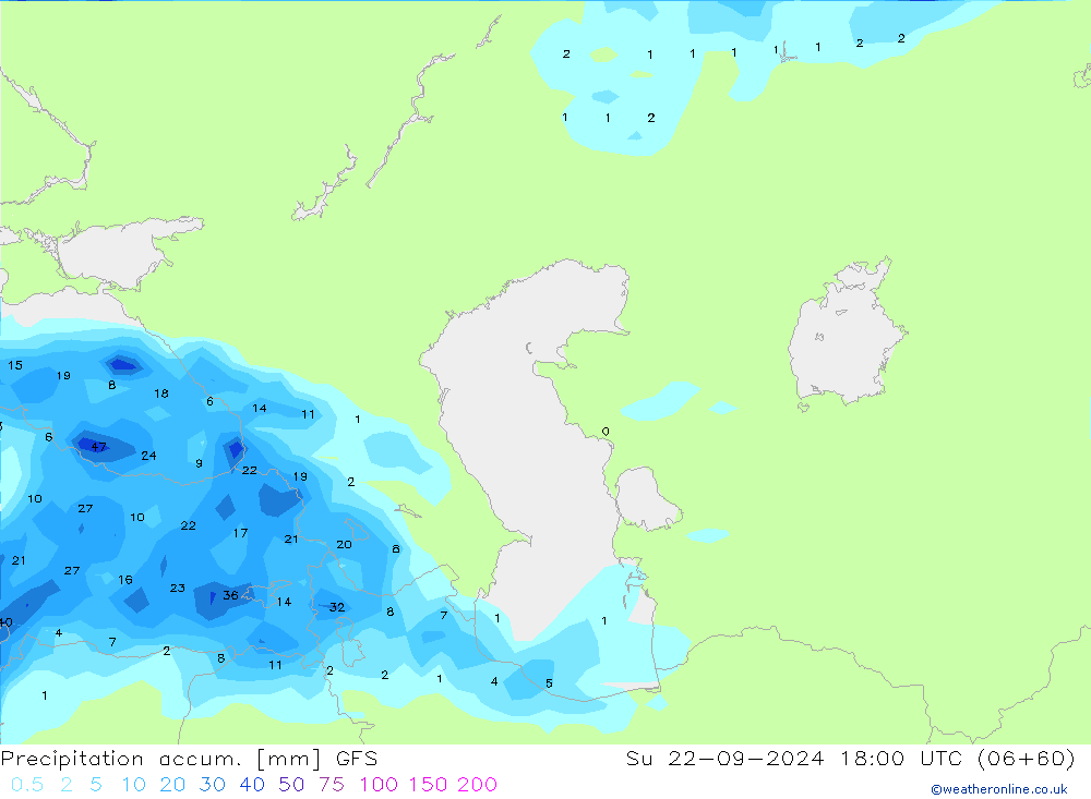 Totale neerslag GFS zo 22.09.2024 18 UTC