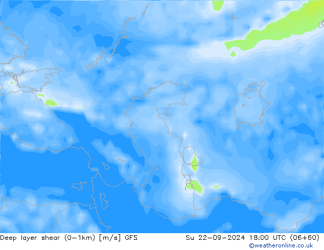 Deep layer shear (0-1km) GFS zo 22.09.2024 18 UTC