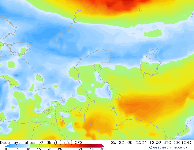 Deep layer shear (0-6km) GFS zo 22.09.2024 12 UTC