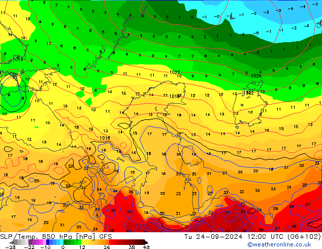 SLP/Temp. 850 hPa GFS Tu 24.09.2024 12 UTC