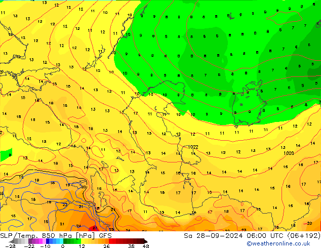 SLP/Temp. 850 hPa GFS sab 28.09.2024 06 UTC