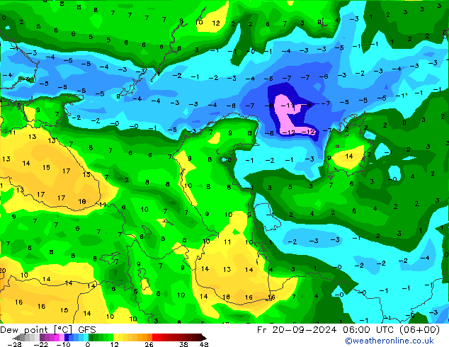 Punto di rugiada GFS ven 20.09.2024 06 UTC