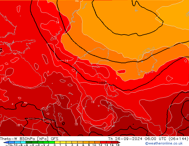 Theta-W 850hPa GFS czw. 26.09.2024 06 UTC