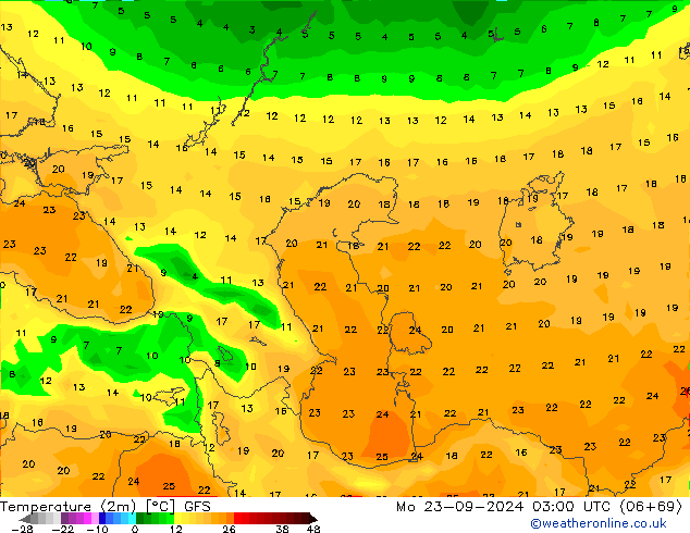 Temperatura (2m) GFS lun 23.09.2024 03 UTC