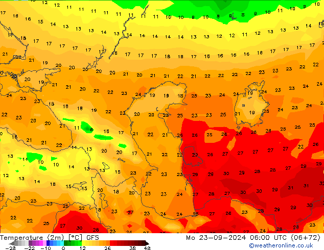 Temperatuurkaart (2m) GFS ma 23.09.2024 06 UTC