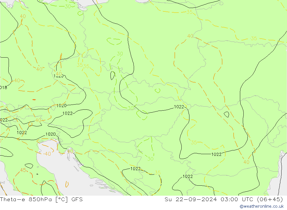 Theta-e 850hPa GFS dom 22.09.2024 03 UTC